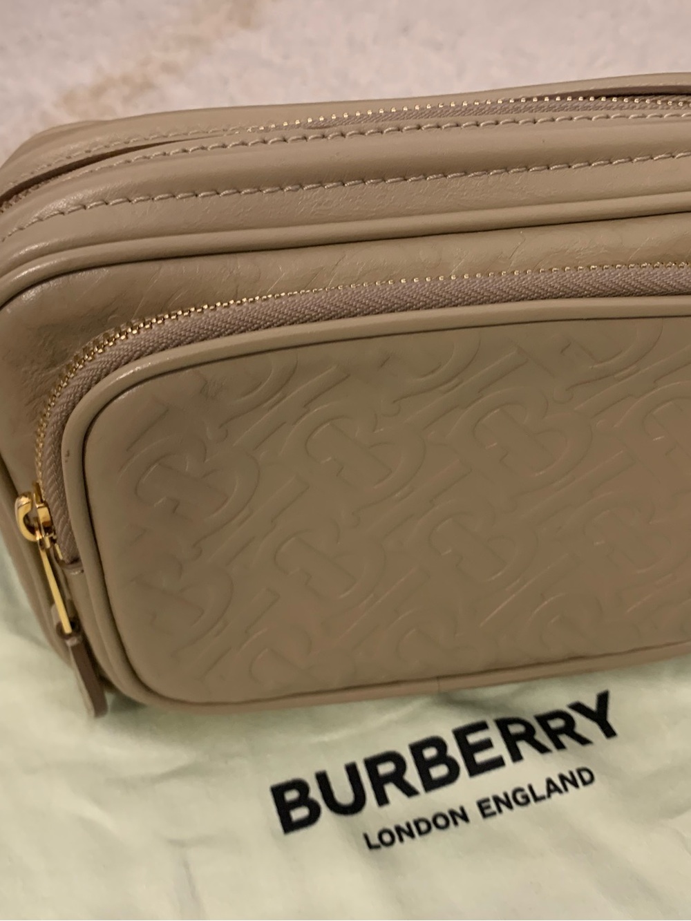 Burberry monogram leather camera bag in honey